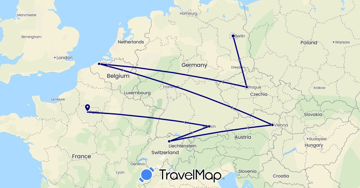 TravelMap itinerary: driving, train in Austria, Belgium, Switzerland, Czech Republic, Germany, France (Europe)